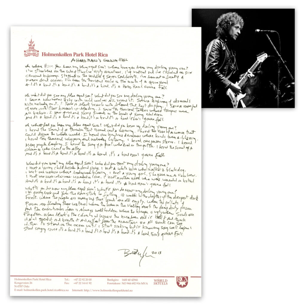 Bob Dylan signed lyrics